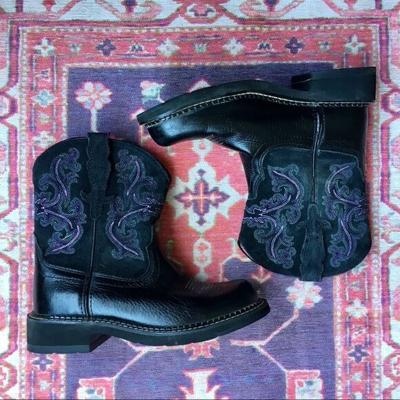 Ariat Black Leather Boots with Purple Stitching - Picture 12 of 16